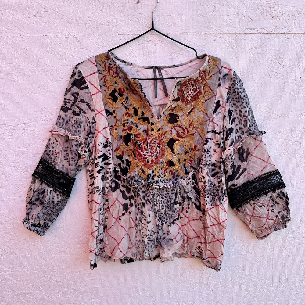 Anthropologie Mathilda Balloon Sleeve Mixed Print Blouse